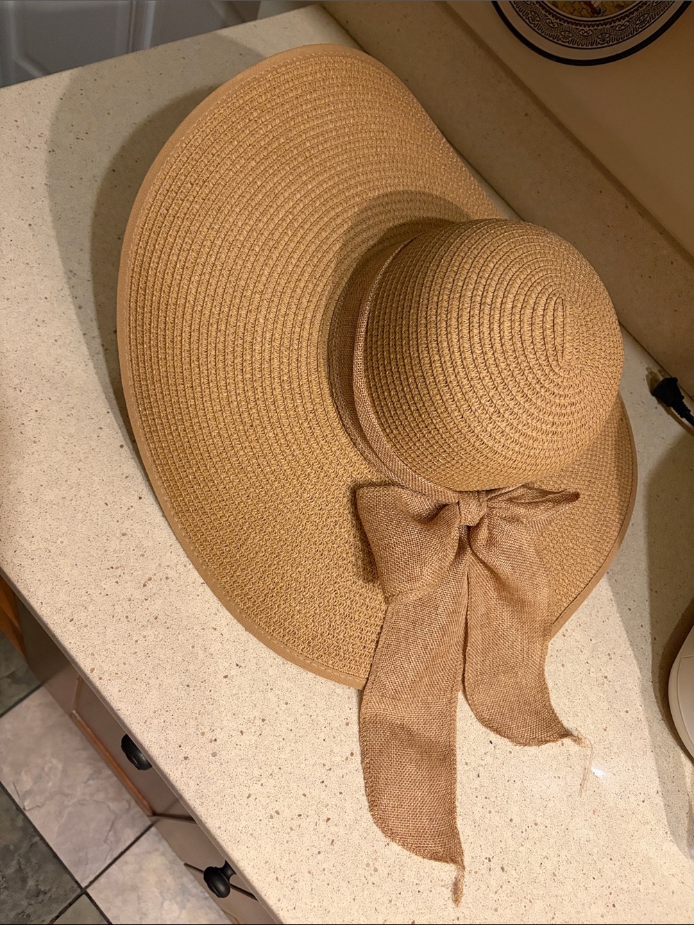 Wide Brim Sun Hat with Bow - Tan